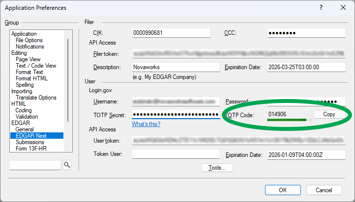A screenshot of the GoFiler preferences dialog, set to the EDGAR Next preferences sheet. The TOTP Secret field contains the code copied from the Login.gov website. The TOTP Code field is circled in green, showing the code being generated using the TOTP Secret key.