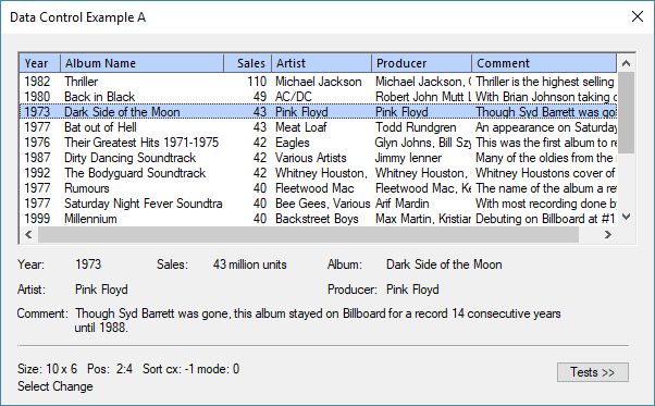 Dialog showing data control with headings and selection