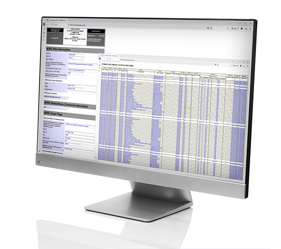 A computer monitor displaying a webpage that contains an HTML proof of a Form N-PX EDGAR submission